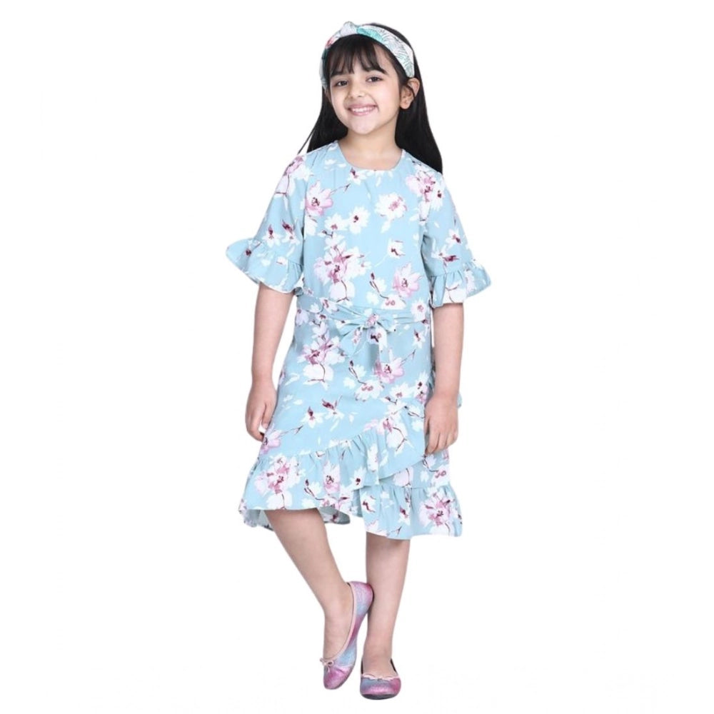 Girl'S Polyester Crepe Floral Bell Sleeve Dress (Turquoise Blu
