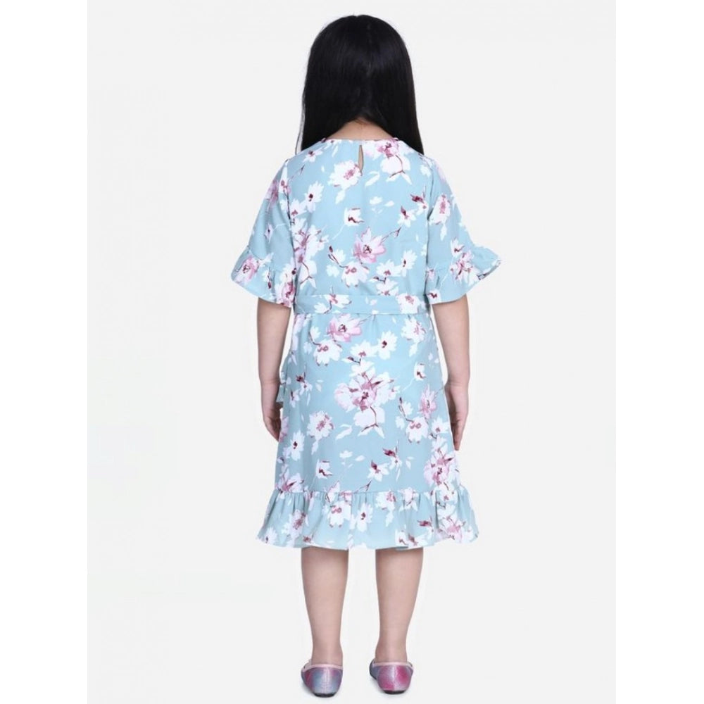 Girl'S Polyester Crepe Floral Bell Sleeve Dress (Turquoise Blu