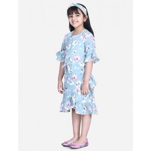 Girl'S Polyester Crepe Floral Bell Sleeve Dress (Turquoise Blu