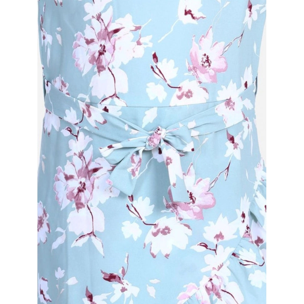 Girl'S Polyester Crepe Floral Bell Sleeve Dress (Turquoise Blu