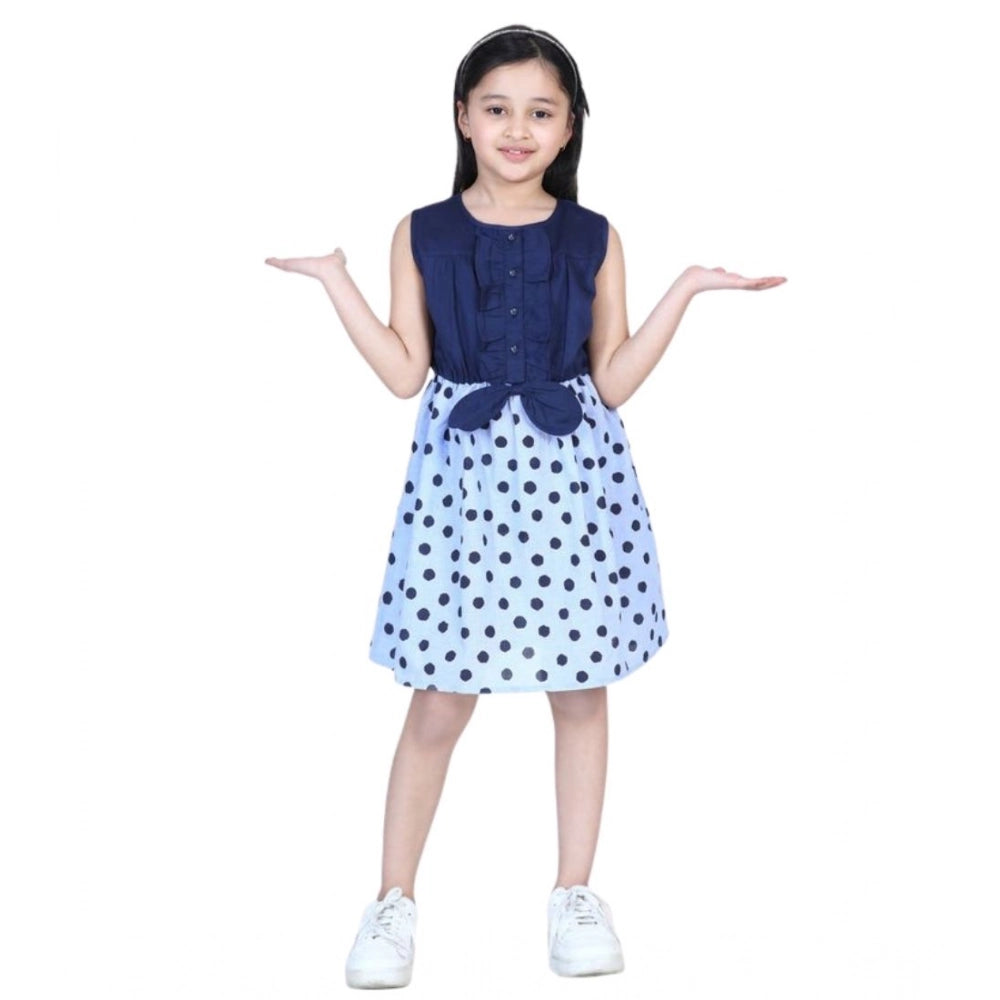 Girl'S Denim Polka Sleeveless Dress (Blue)