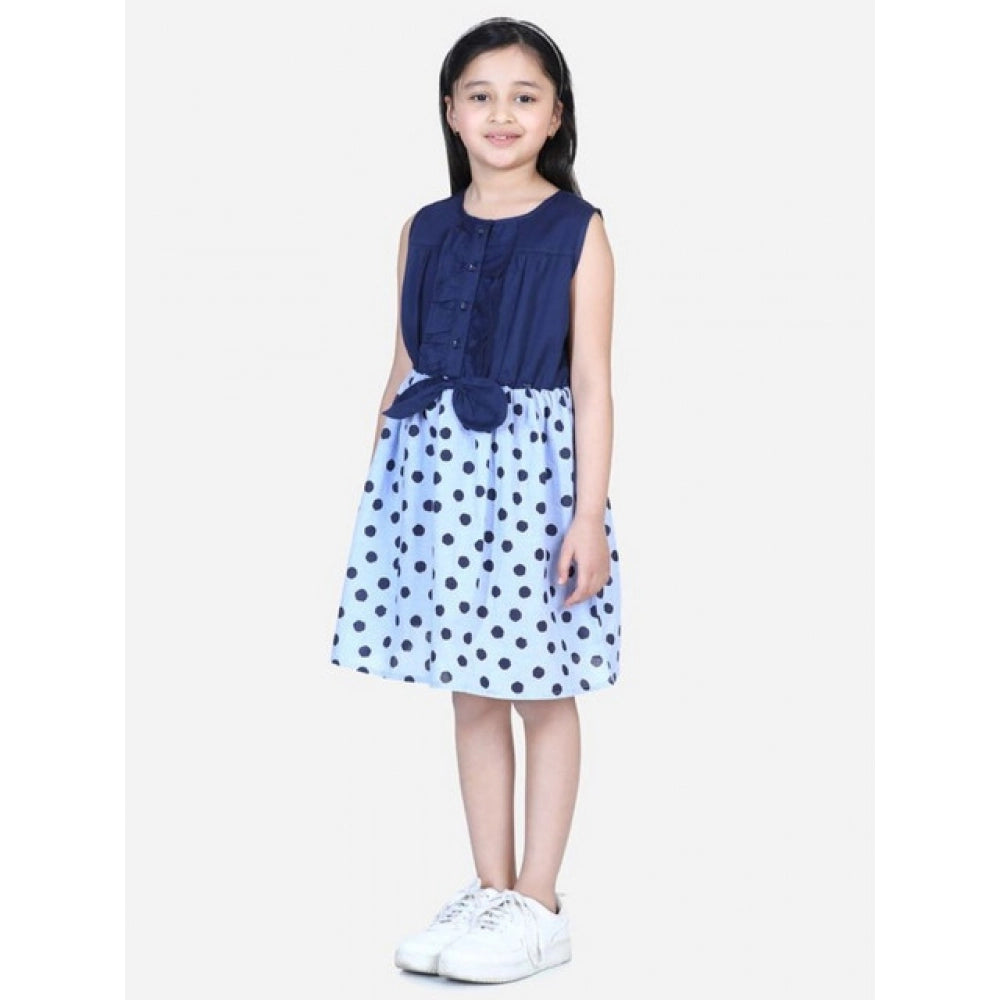 Girl'S Denim Polka Sleeveless Dress (Blue)