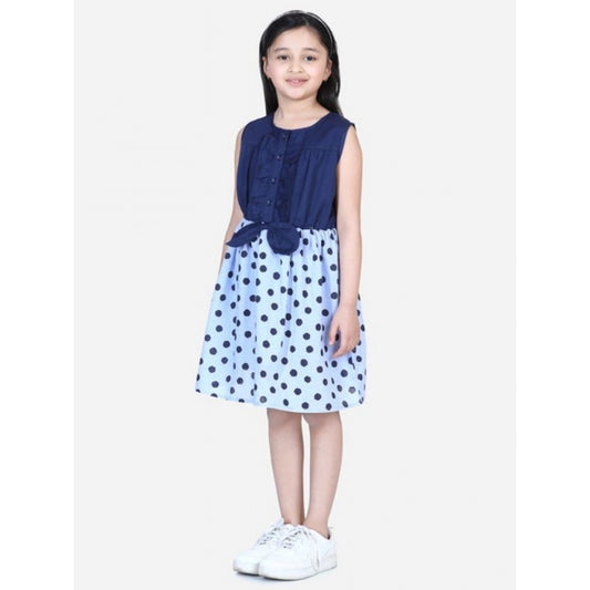 Girl'S Denim Polka Sleeveless Dress (Blue)
