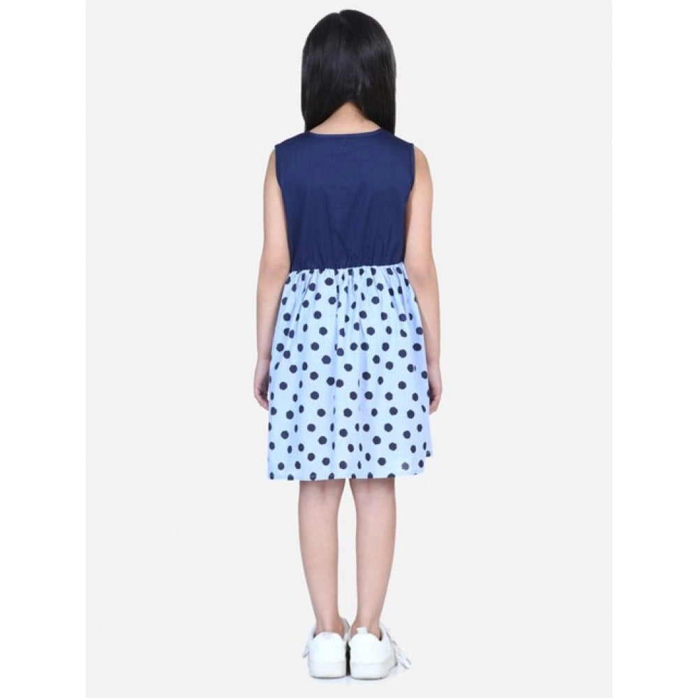 Girl'S Denim Polka Sleeveless Dress (Blue)