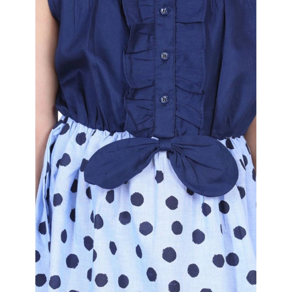 Girl'S Denim Polka Sleeveless Dress (Blue)