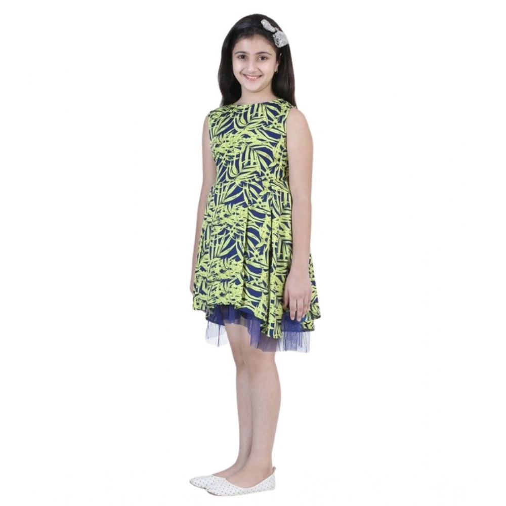 Girl'S Polyester Crepe &Amp; Net Printed Sleeveless Dress (Yel