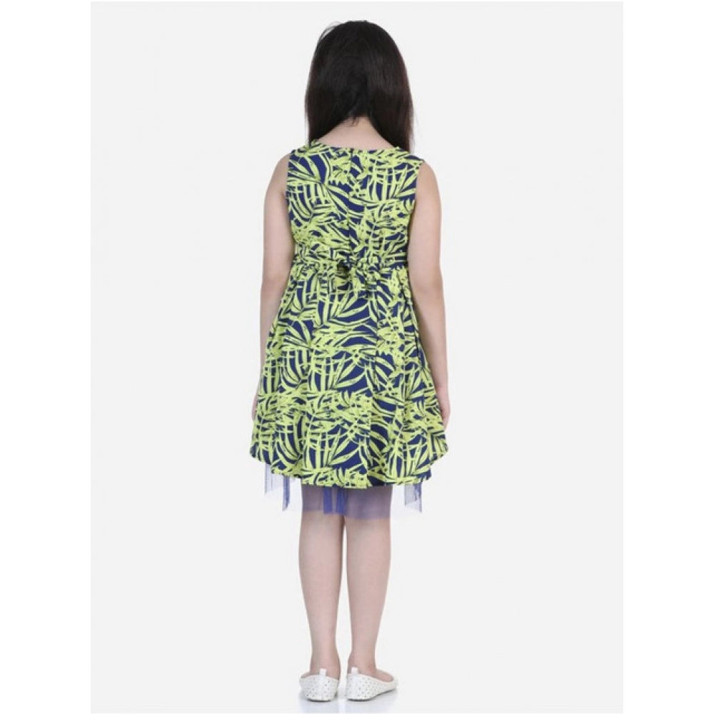 Girl'S Polyester Crepe &Amp; Net Printed Sleeveless Dress (Yel