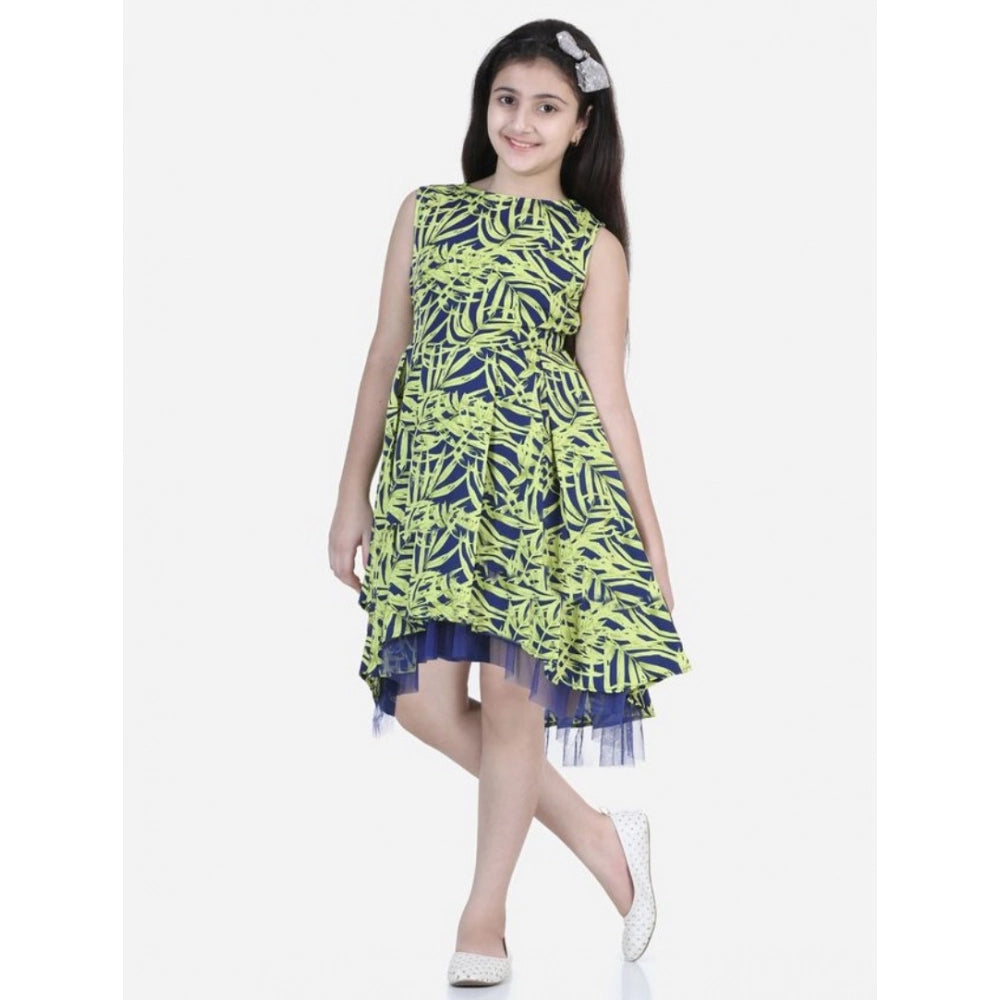 Girl'S Polyester Crepe &Amp; Net Printed Sleeveless Dress (Yel