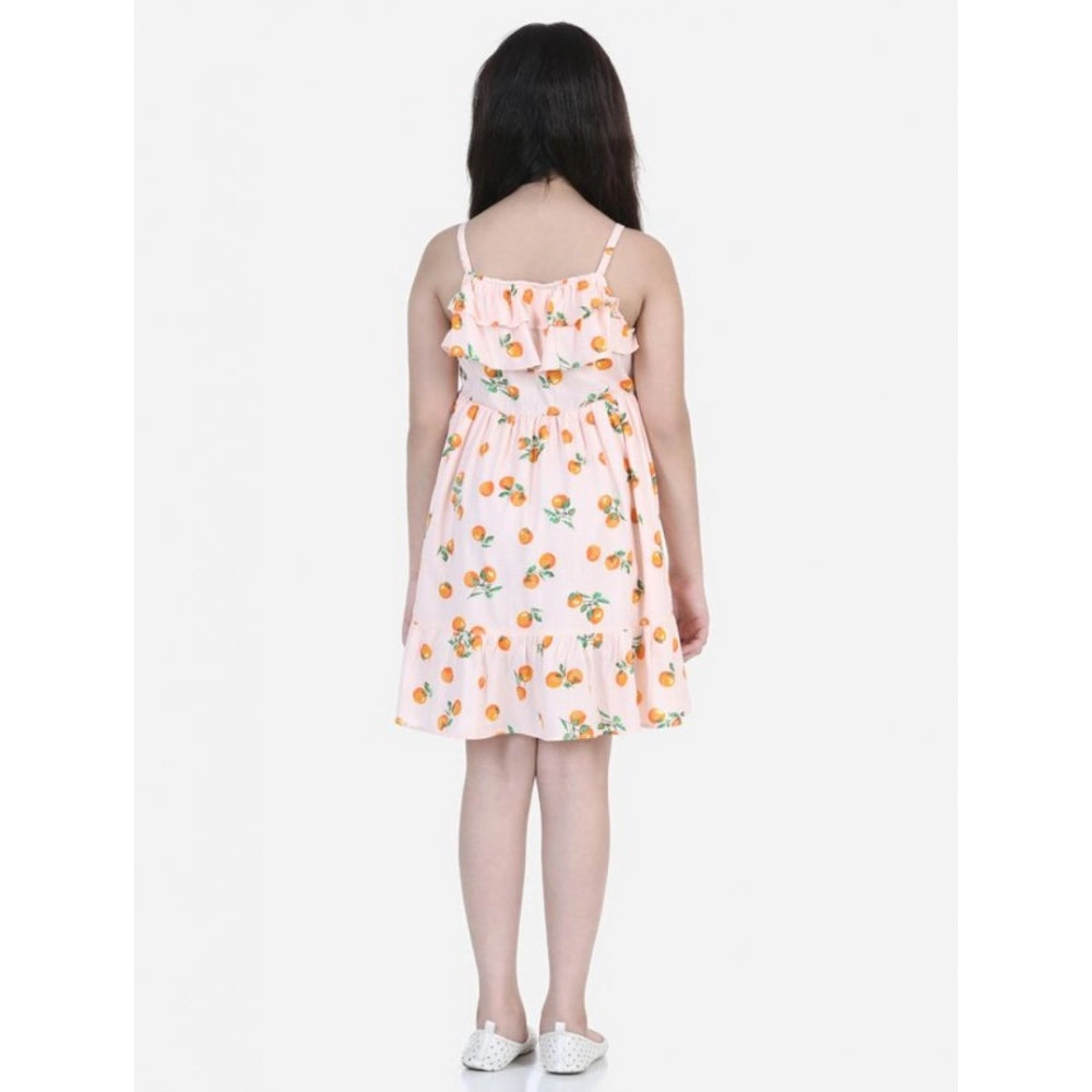 Girl'S Rayon Printed Sleeveless Dress (Orange)