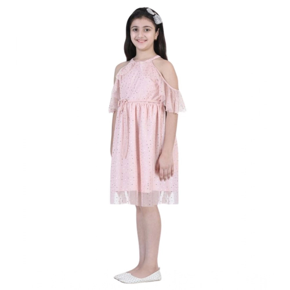 Girl'S Net Printed Sleeveless Dress (Blush Pink)