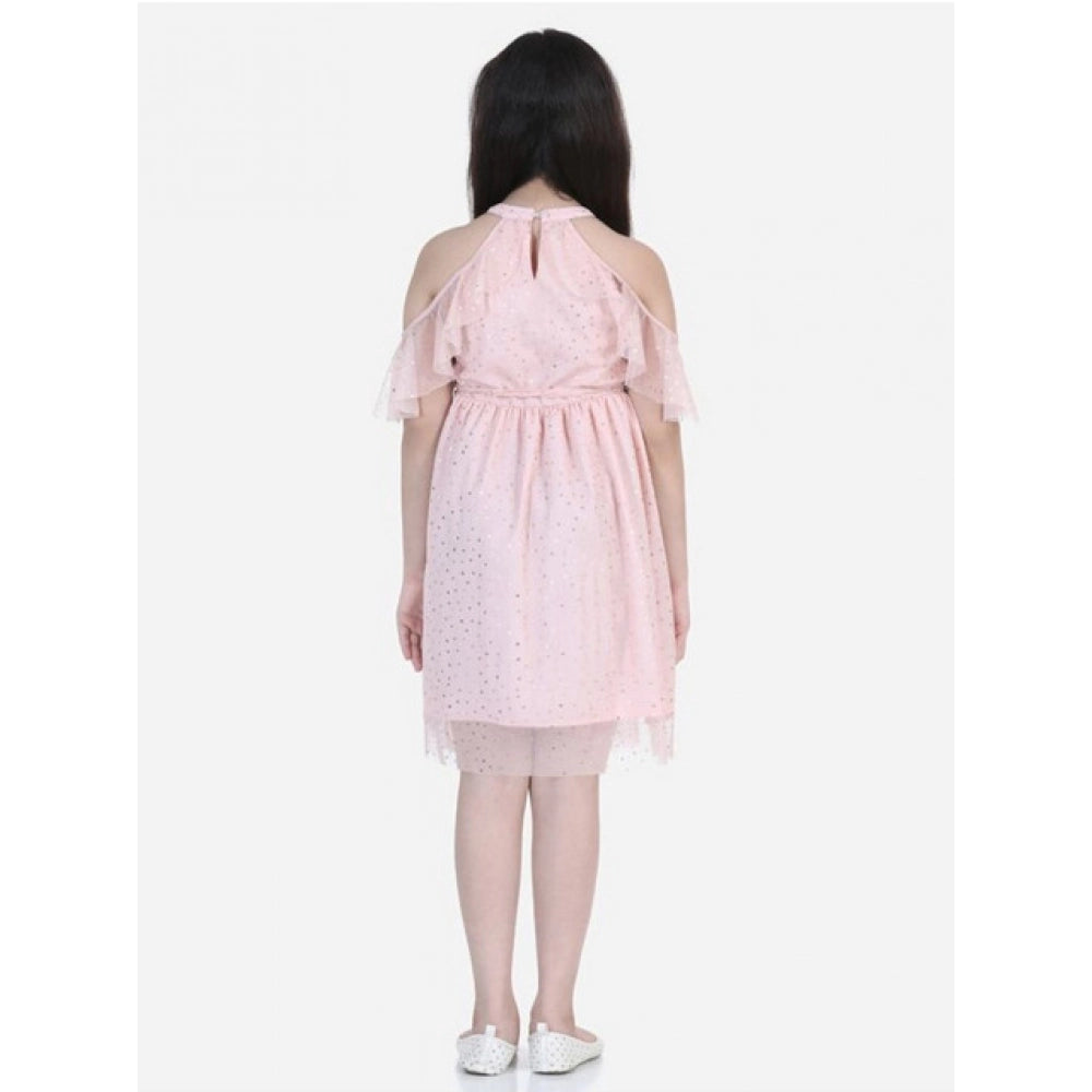 Girl'S Net Printed Sleeveless Dress (Blush Pink)