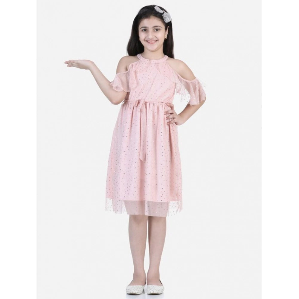 Girl'S Net Printed Sleeveless Dress (Blush Pink)