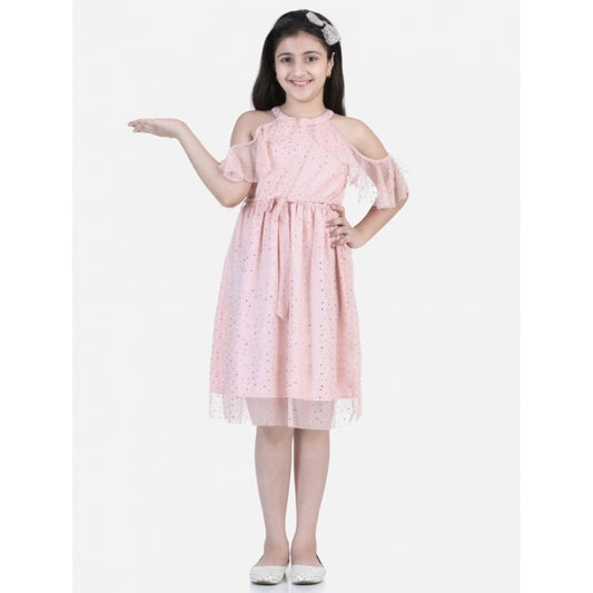 Girl'S Net Printed Sleeveless Dress (Blush Pink)