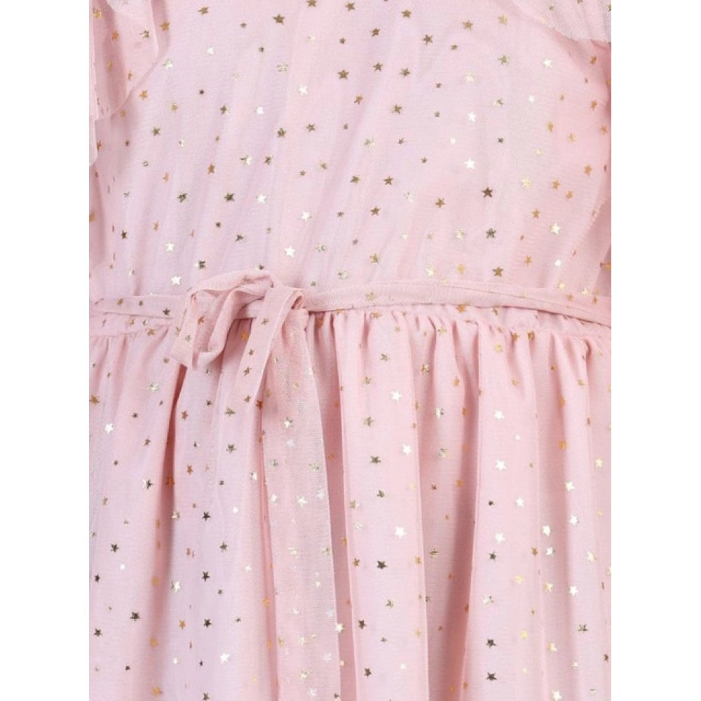 Girl'S Net Printed Sleeveless Dress (Blush Pink)