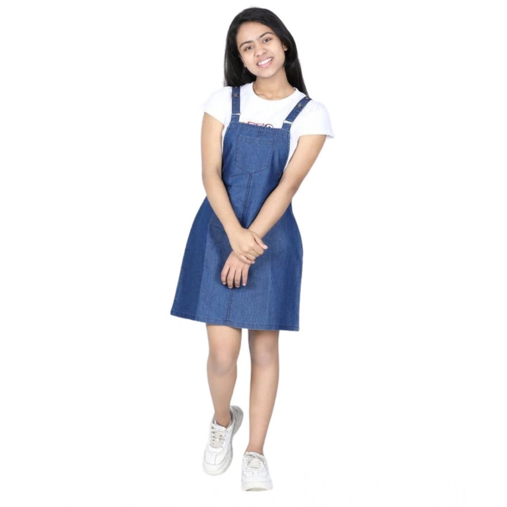 Girl'S Denim Solid Sleeveless Dress (Blue)
