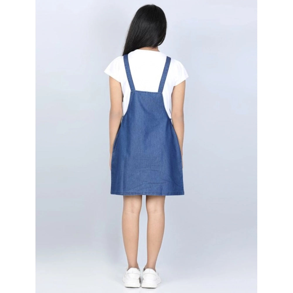 Girl'S Denim Solid Sleeveless Dress (Blue)