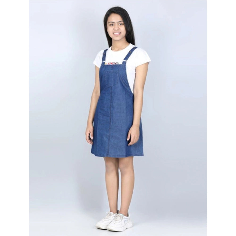 Girl'S Denim Solid Sleeveless Dress (Blue)