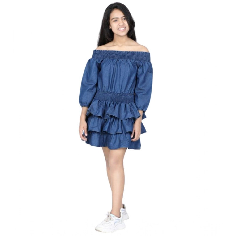 Girl'S Denim Solid Off Shoulder Dress (Blue)