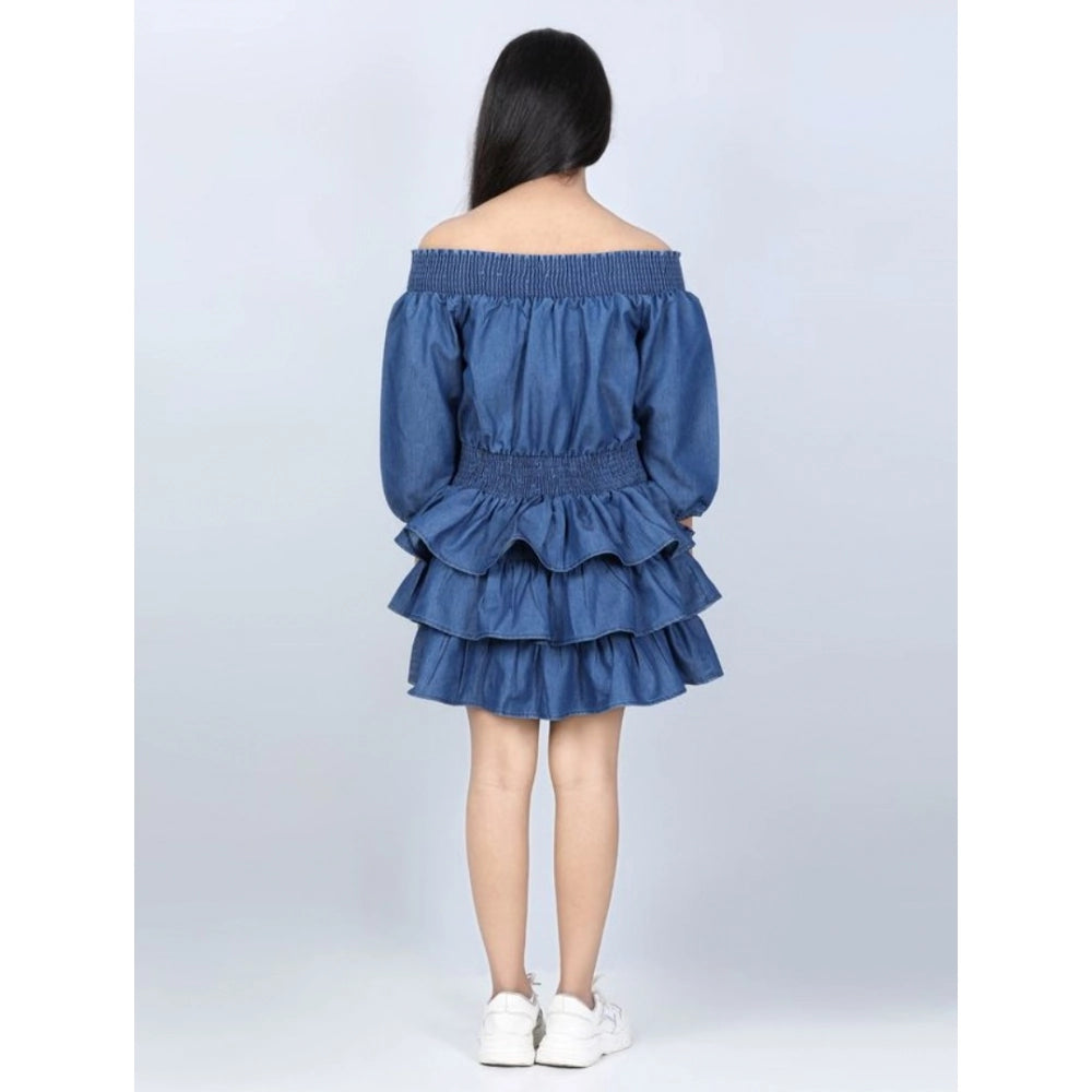 Girl'S Denim Solid Off Shoulder Dress (Blue)