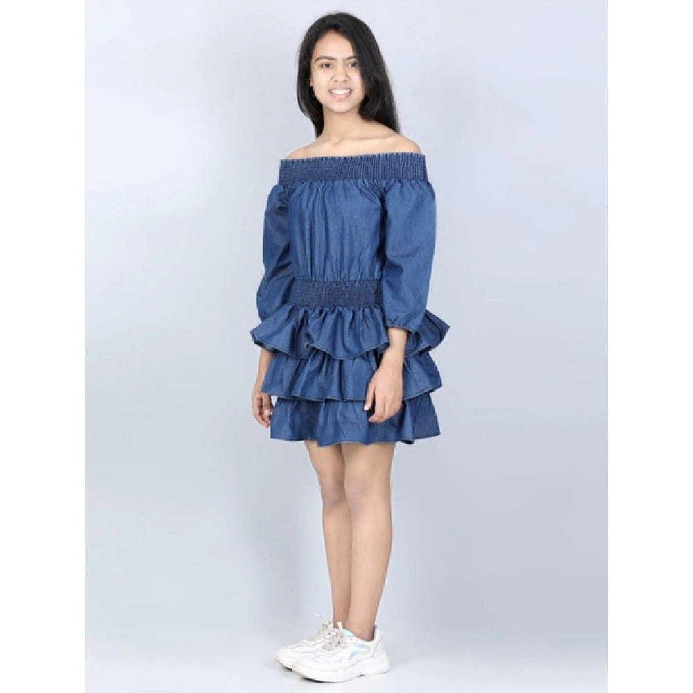 Girl'S Denim Solid Off Shoulder Dress (Blue)