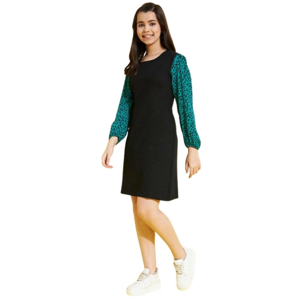 Girl'S Polyester Printed Long Sleeves Dress (Black-Green)