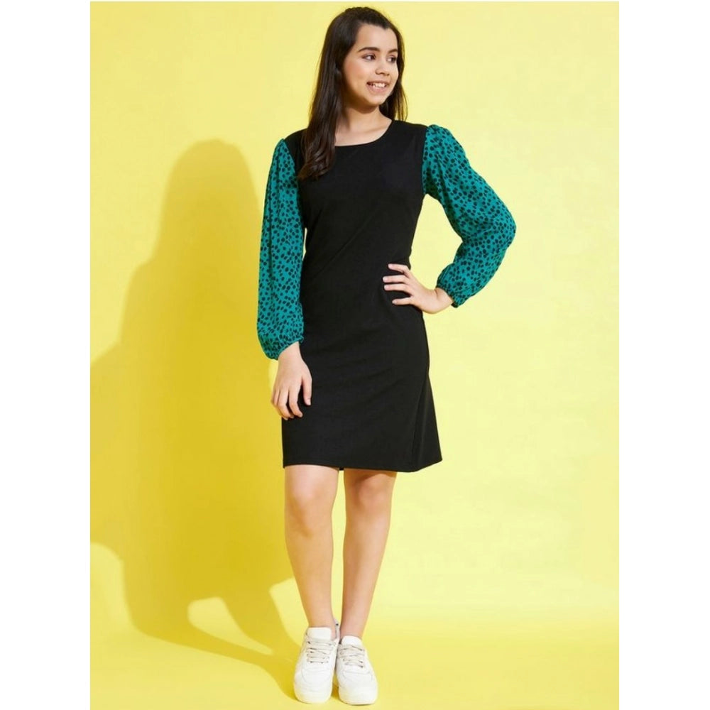 Girl'S Polyester Printed Long Sleeves Dress (Black-Green)