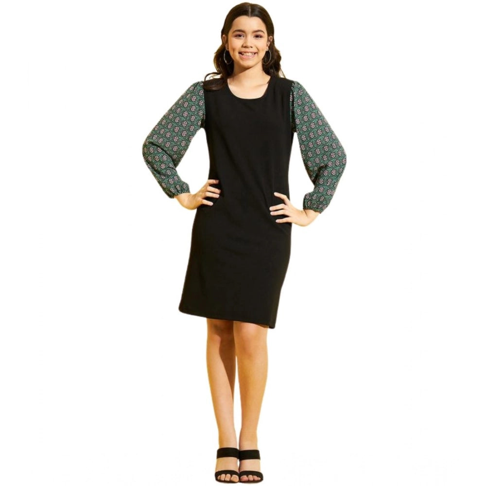 Girl'S Polyester Lycra Printed Sleeveless Dress (Green-Black)