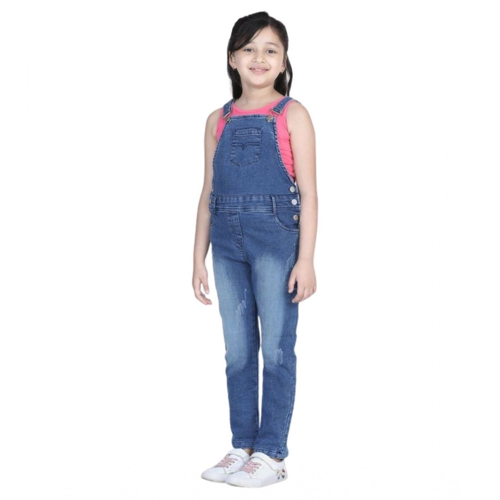 Girl'S Denim Washed Buttoned Dungaree (Blue)