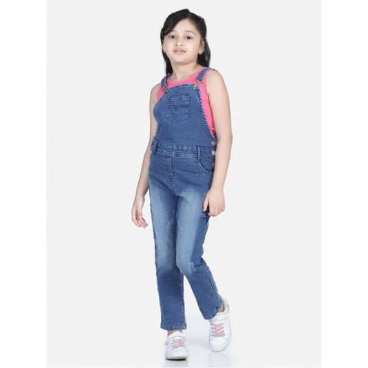Girl'S Denim Washed Buttoned Dungaree (Blue)