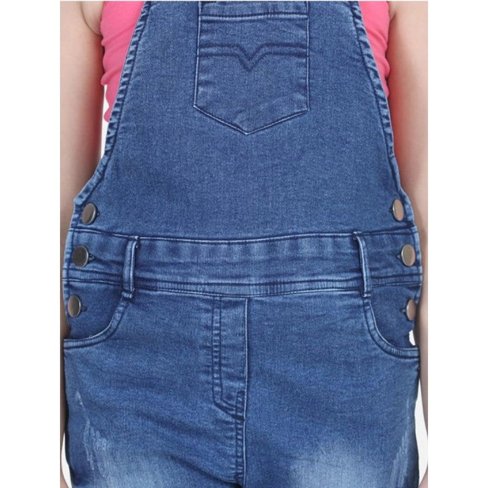 Girl'S Denim Washed Buttoned Dungaree (Blue)