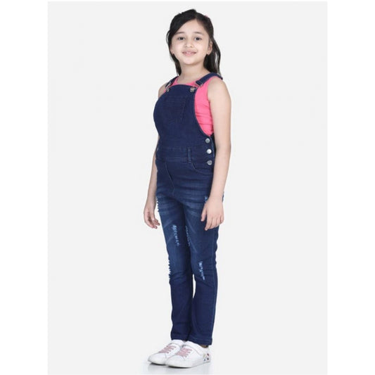 Girl'S Denim Distressed Buttoned Dungaree (Blue)