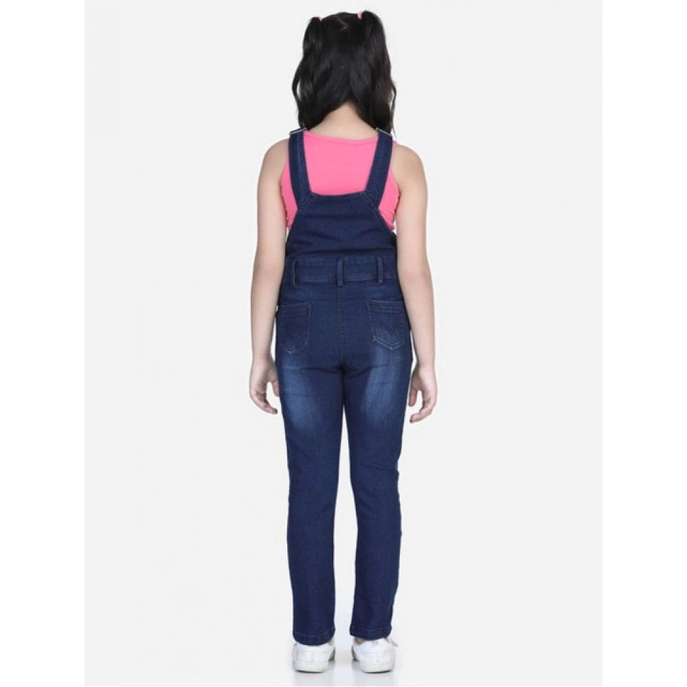 Girl'S Denim Distressed Buttoned Dungaree (Blue)