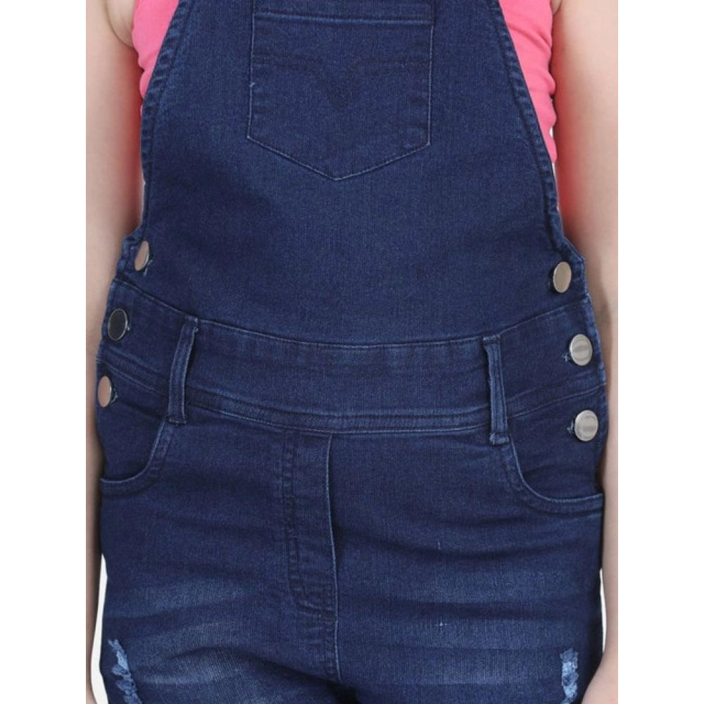 Girl'S Denim Distressed Buttoned Dungaree (Blue)