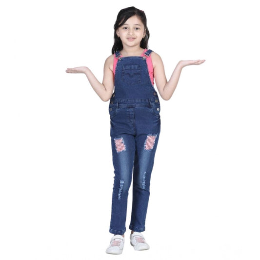 Girl'S Denim Patch Work Buttoned Dungaree (Blue)