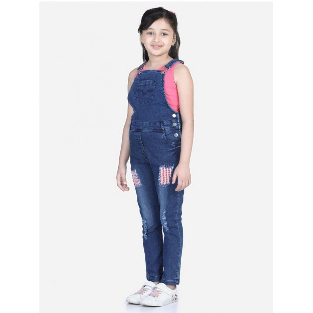 Girl'S Denim Patch Work Buttoned Dungaree (Blue)
