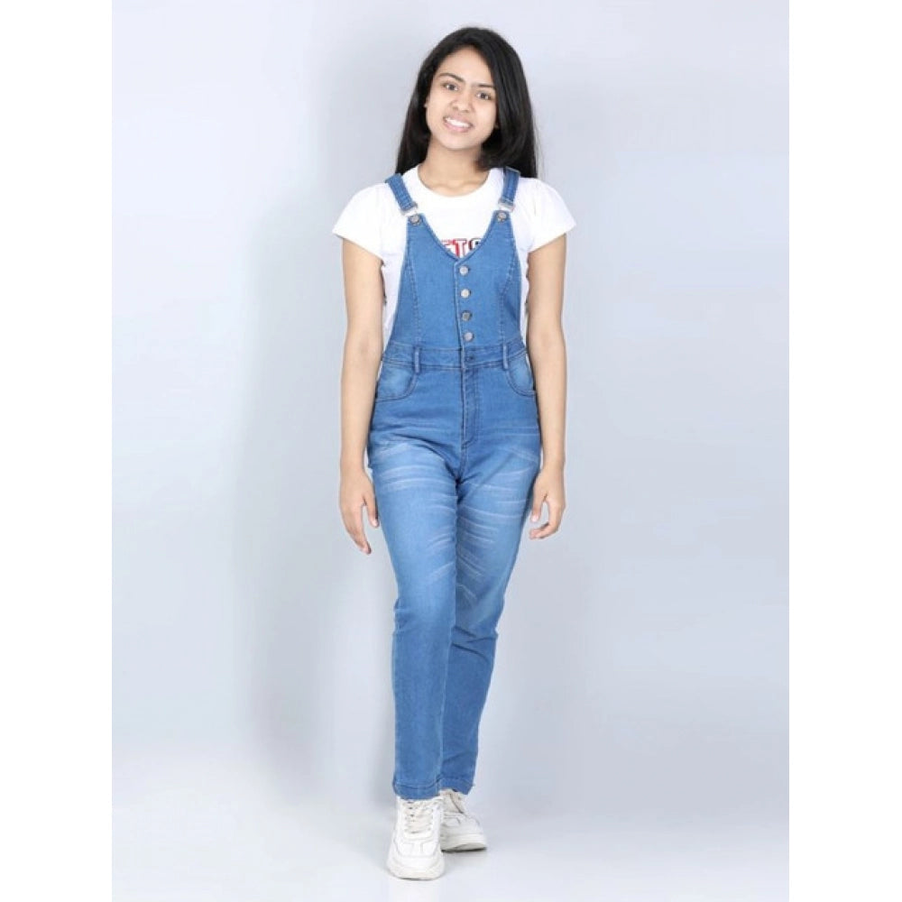 Girl'S Denim Solid Buttoned Dungaree (Blue)