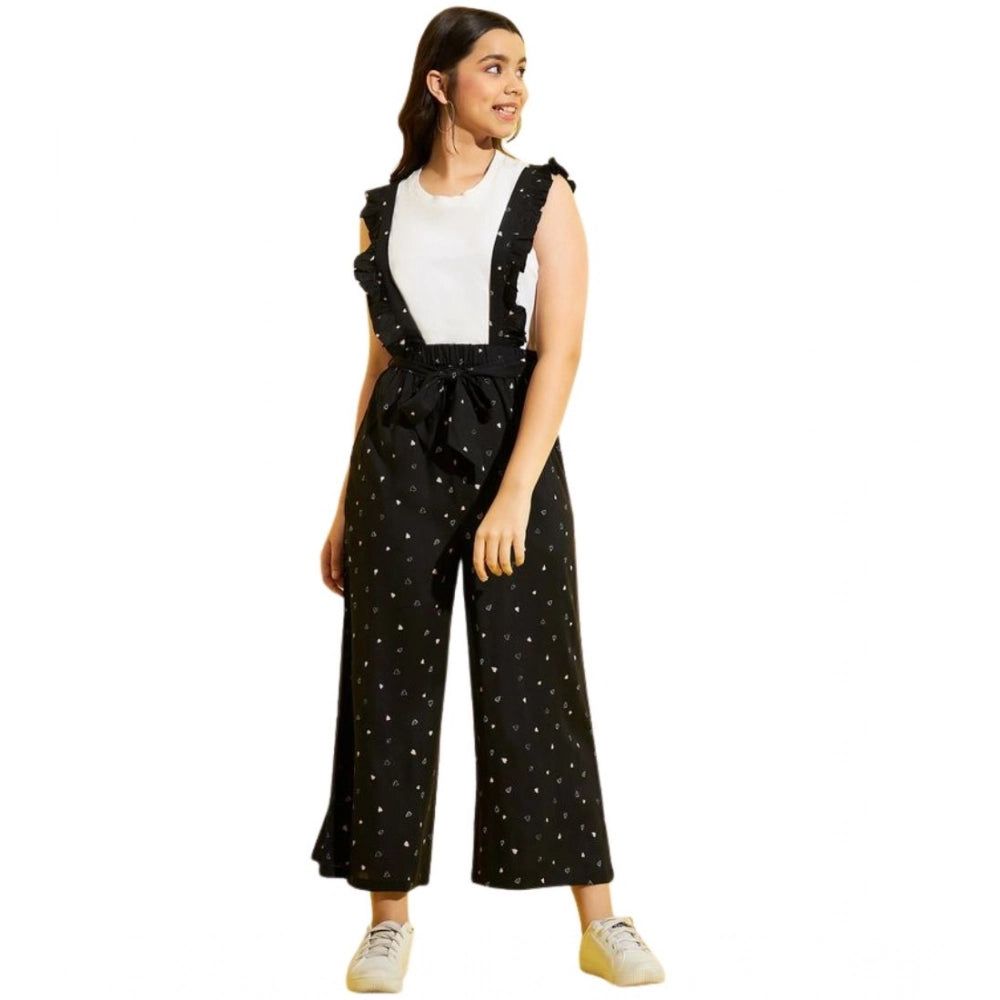 Girl'S Cotton Printed Sleeveless Dungaree (Black-White)