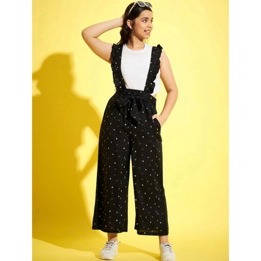 Girl'S Cotton Printed Sleeveless Dungaree (Black-White)