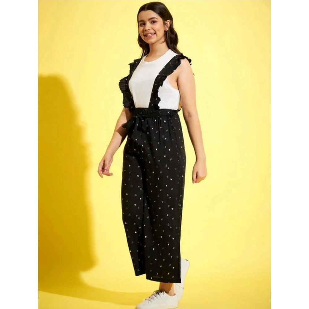 Girl'S Cotton Printed Sleeveless Dungaree (Black-White)