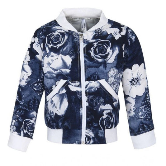 Girl'S Polyester Printed Long Sleeves Bomber Jacket (White-Blu
