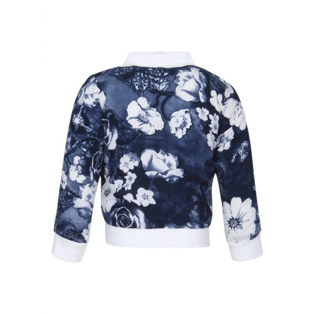 Girl'S Polyester Printed Long Sleeves Bomber Jacket (White-Blu