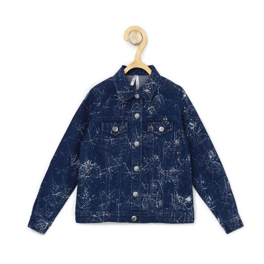 Girl'S Denim Washed Flutter Jacket With Crinkle (Blue)