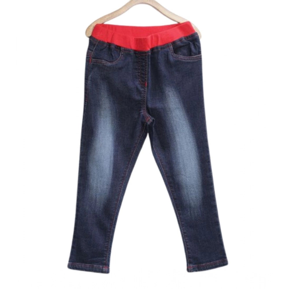 Girl'S Denim Ribbed Elasticated Jeans (Red-Blue)