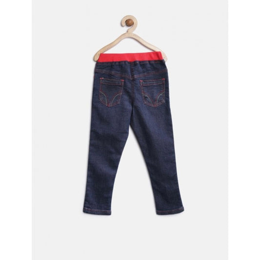 Girl'S Denim Ribbed Elasticated Jeans (Red-Blue)