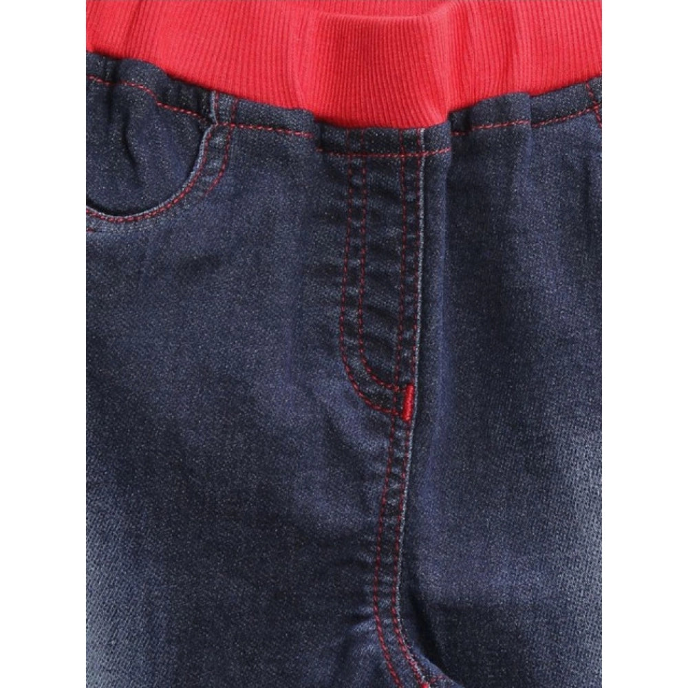 Girl'S Denim Ribbed Elasticated Jeans (Red-Blue)