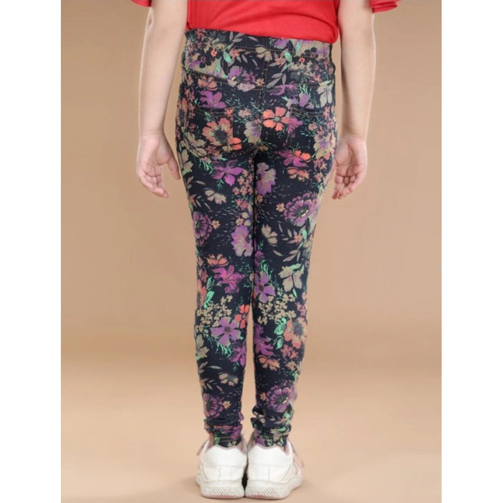 Girl'S Cotton Lycra Floral Elasticated Jeggings (Multicolor)