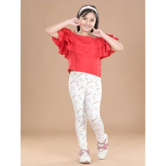 Girl'S Cotton Lycra Floral Elasticated Jeggings (White-Green)