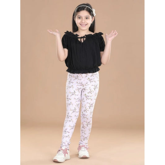 Girl's Cotton Lycra Floral Elasticated Jeggings (Multicolor)