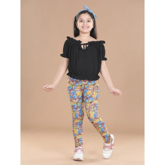 Girl's Cotton Lycra Floral Elasticated Jeggings (Multicolor)