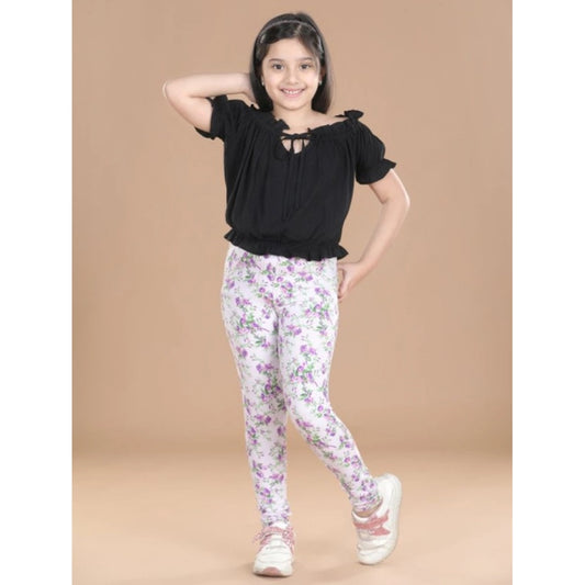 Girl'S Cotton Lycra Floral Elasticated Jeggings (Lavender)